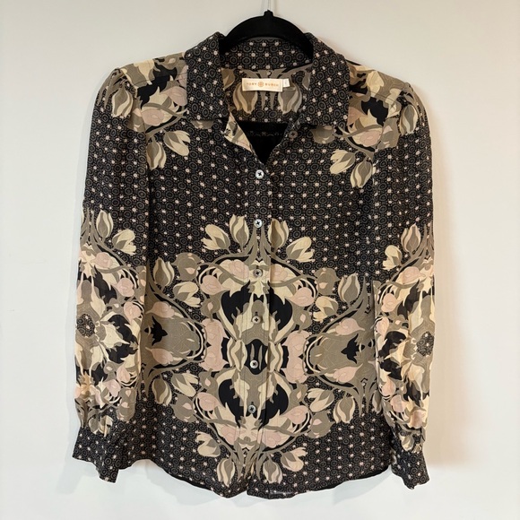 TORY BURCH SILK Blouse Floral Patterned Designer Button-Up Blouse - Picture 2 of 8
